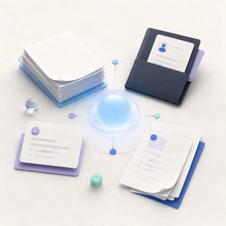Generated editorial illustration of resume and document context connected around a calm blue center.