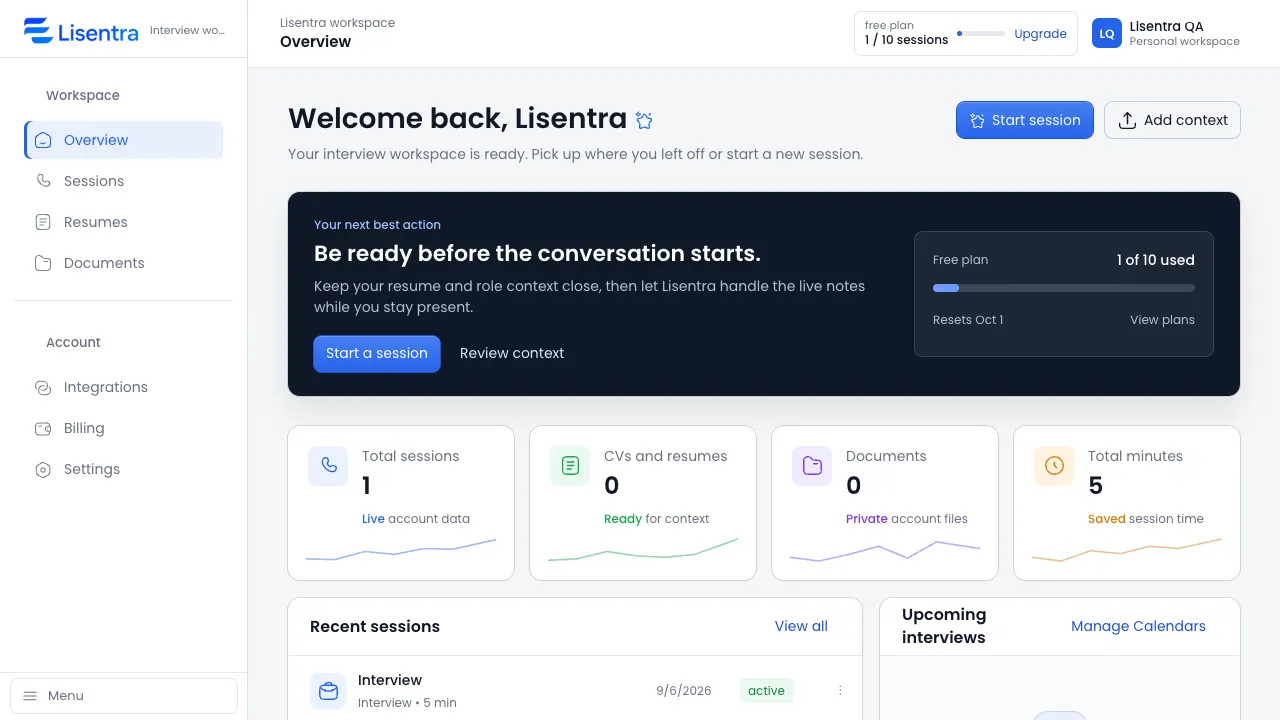 Lisentra dashboard showing session readiness and workspace context actions