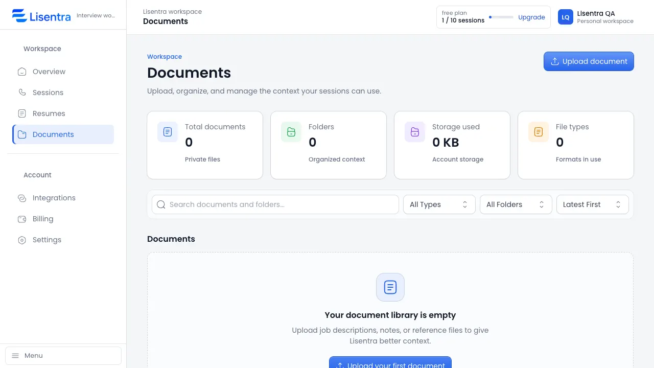 Lisentra Documents workspace showing context files ready for a session