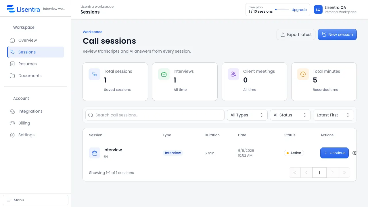 Lisentra Sessions workspace showing saved sessions and Continue action